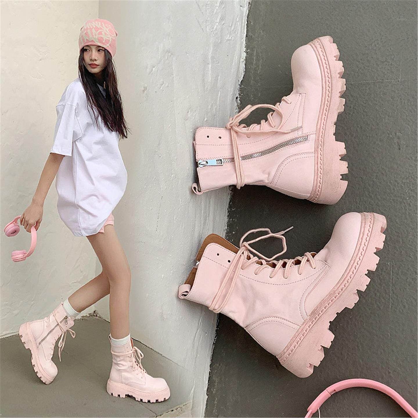 粉色马丁靴女款2026新款春季薄款短靴女真皮厚底夏季透气靴子软底