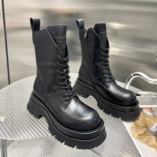 中筒马丁靴女英伦风2025年秋冬季新款真皮增高显腿直厚底加绒短靴