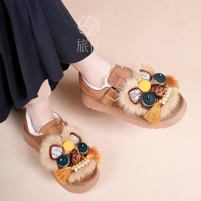 刺绣勃肯鞋女棉鞋一脚蹬毛毛虎头