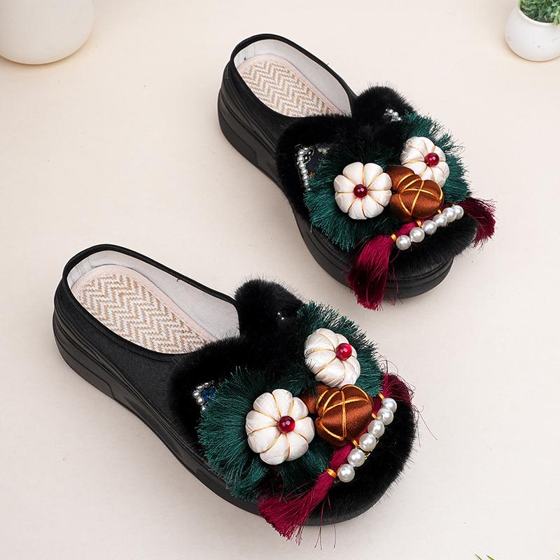 纯手工绣花虎头拖鞋民族风厚底