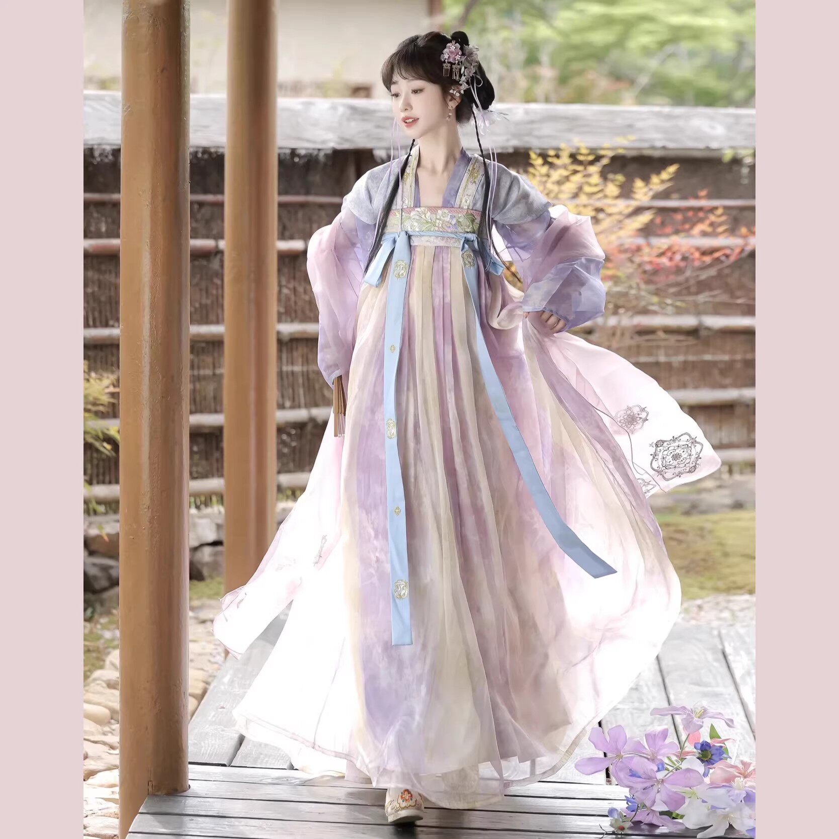 原先汉服女【香葡染】唐制对襟上衫一片式齐胸襦裙紫色套装春季款
