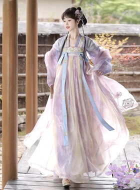 原先汉服女【香葡染】唐制对襟上衫一片式齐胸襦裙紫色套装春季款