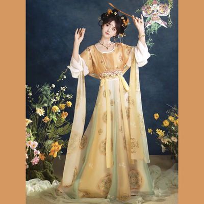原创汉服女【春枝瑶】唐制唐褙子齐腰破裙齐胸襦裙黄色套装春季款