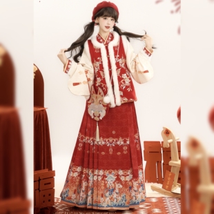 原创汉服女【龙马】明制加绒圆领比甲马面裙马年拜年服套装冬季款