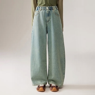 水洗棉复古百搭裤 MINIkids童装 新款 女儿童秋季 子 弯刀廓形牛仔裤