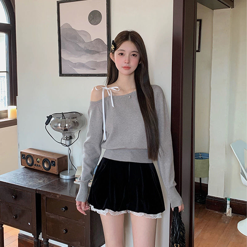 港风chic灰色露肩针织衫