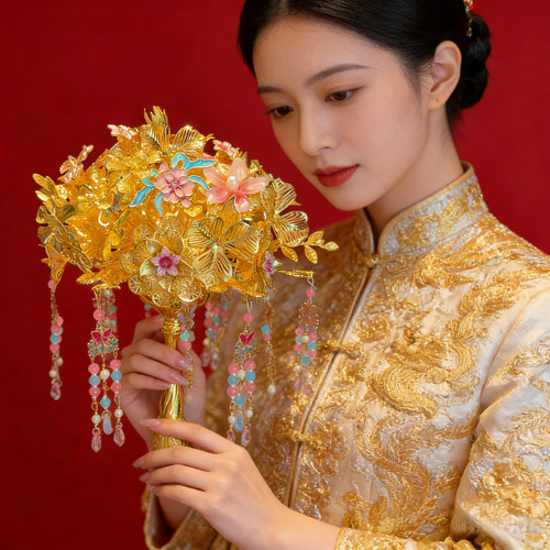 故宫淘宝｜黄金色手捧花新娘结婚diy材料包秀禾婚礼新款高级感手