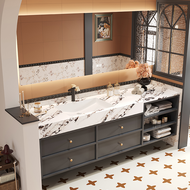 定制岩板无缝陶瓷盆实木收纳柜