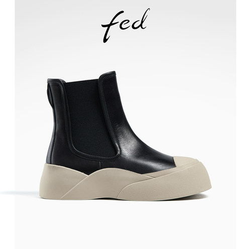 fed头层牛皮厚底切尔西靴女秋冬
