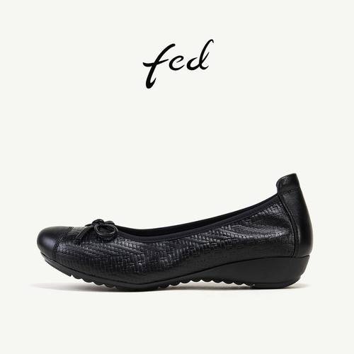 fed法式羊皮蝴蝶结坡跟单鞋女