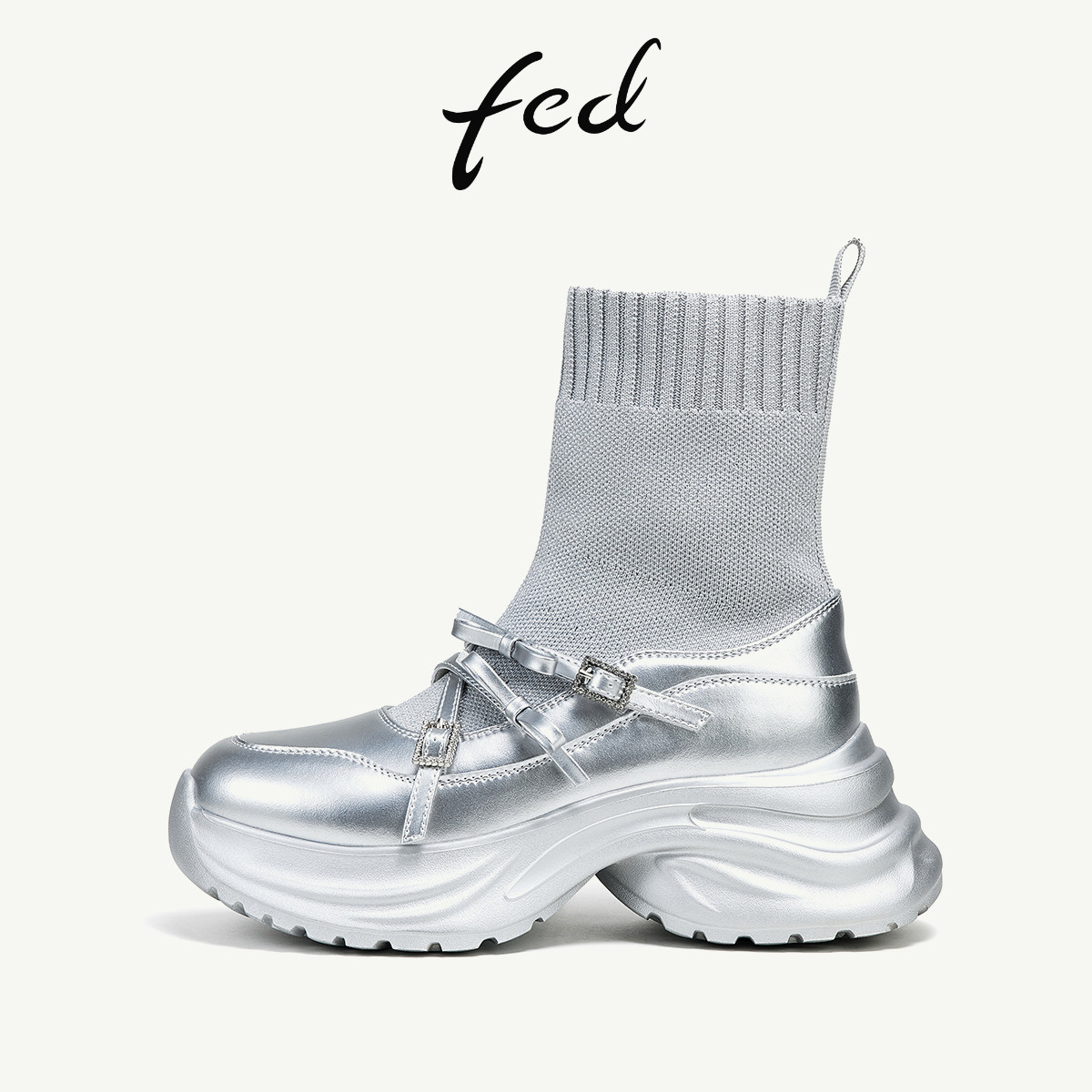 fed银色玛丽珍厚底瘦瘦袜靴女图片