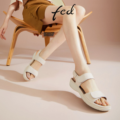 fed夏季真皮厚底魔术贴休闲凉鞋