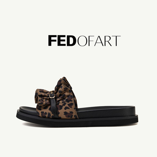 fed豹纹真皮厚底一字拖女夏