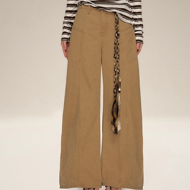 【现货】IHDXD卡其阔腿牛仔裤复古设计感休闲洗水工装女宽松显瘦