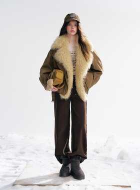 IHDXD大翻领毛绒外套2025年冬季新款美式复古高级感毛领棉服外套