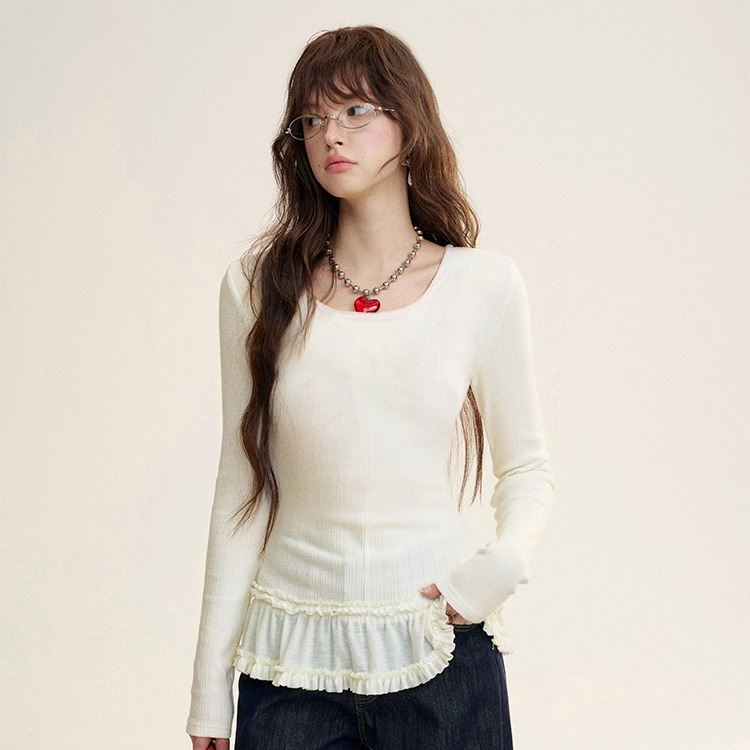 【现货】IHDXD  花边打底衫修身显瘦百搭杏色正肩