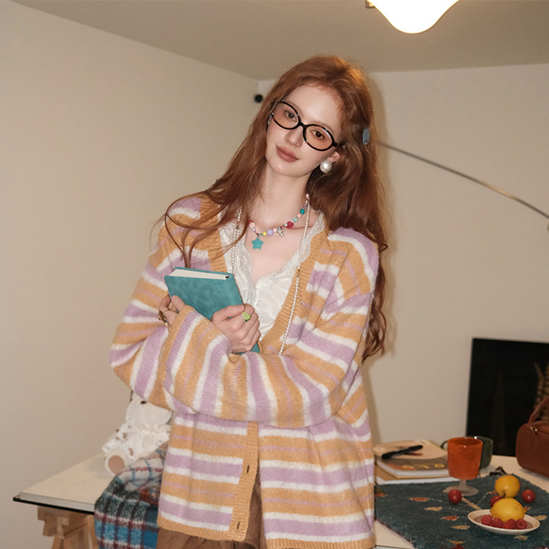 【清仓特惠】IHDXD彩条纹针织毛衣开衫v领上衣女小个子时尚慵懒风