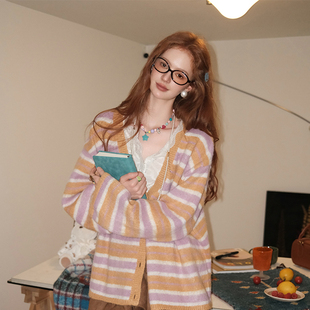 【现货】IHDXD彩条纹针织毛衣开衫v领外穿上衣女小个子时尚慵懒风