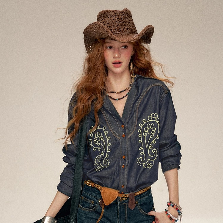 【现货】IHDXD腰果花牛仔衬衫女秋季设计感小众宽松显瘦长袖外套