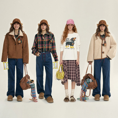 IHDXD 格纹衬衫/彩绳蓝色牛仔裤/两面穿毛绒外套/雨靴狗狗长袖