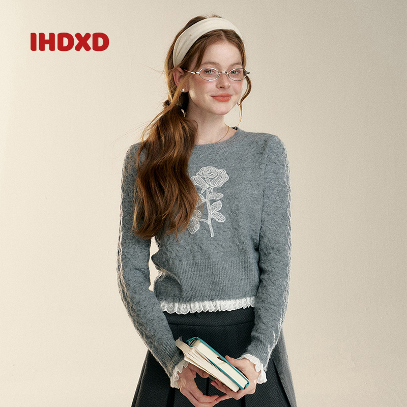 【现货】IHDXD 蕾丝花花毛衣针织衫花边拼接减龄品牌淑女简约百搭