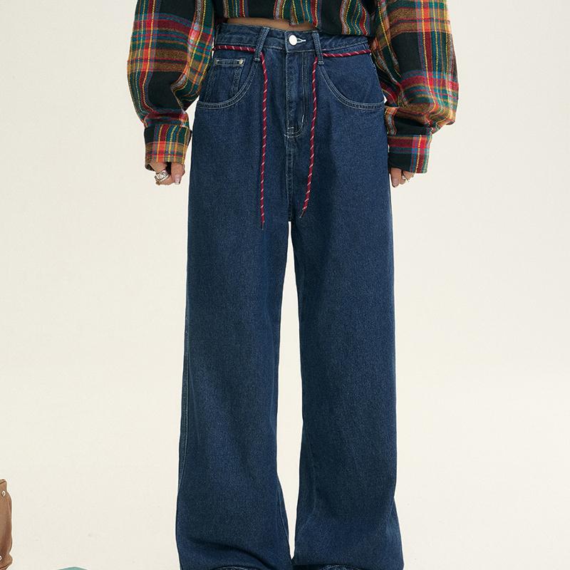 【现货】IHDXD秋冬新款韩版ins复古高腰系带阔腿牛仔裤直筒显瘦