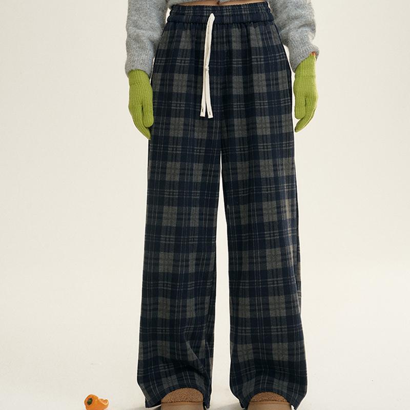 高腰格纹休闲裤松弛感百搭