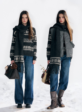 IHDXD棉马夹/雪花围巾毛衣/深蓝牛仔裤
