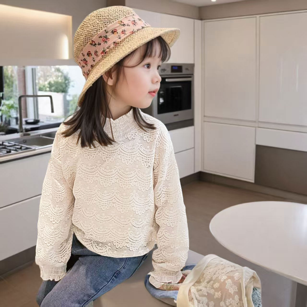 女童法式半高领蕾丝衫女2026春秋装新款女宝打底衫上衣中大童衣服