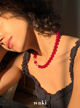 waki 水晶黑布林 浆果色 百搭毛衣链串珠项链