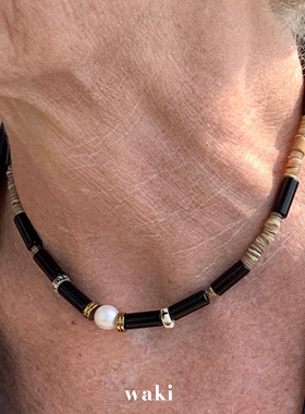 waki 孤独星球 Lonely Planet 天然黑玛瑙珍珠贝壳串珠项链