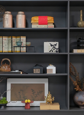 样板间书柜装饰品新中式摆件展示柜书架博古架售楼处花瓶花艺套装