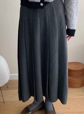 法国chrry koop灰色a字毛呢半身裙女秋冬季中长裙小个子高腰显瘦