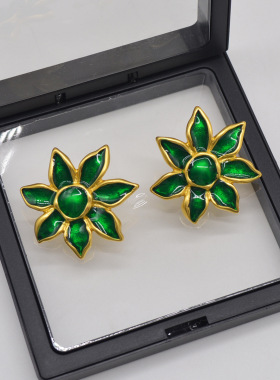 法国CoopKoop高级感中古vintage复古耳钉珐琅绿色花朵设计耳环