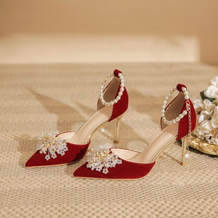 尖头红秀禾婚鞋 一字带高跟鞋 女细跟中式 单 女王范年新款 礼服鞋 大码