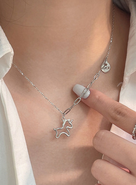 法国cherry kitty银瑞泰s925通体银独角兽项链女夏季新款圆牌字母
