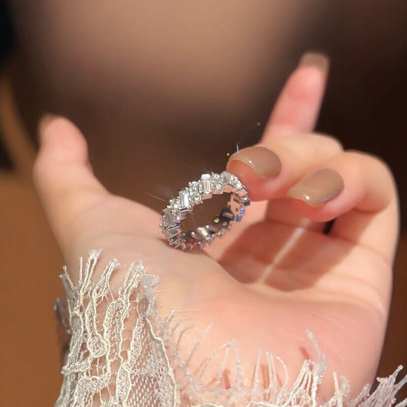 法国cherry kittys925银长方形排钻莫桑石戒指女欧美风高碳钻满圈