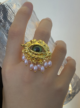 法国coopkoop中古vintage 恶魔眼个性珍珠流苏戒指文艺复古开口