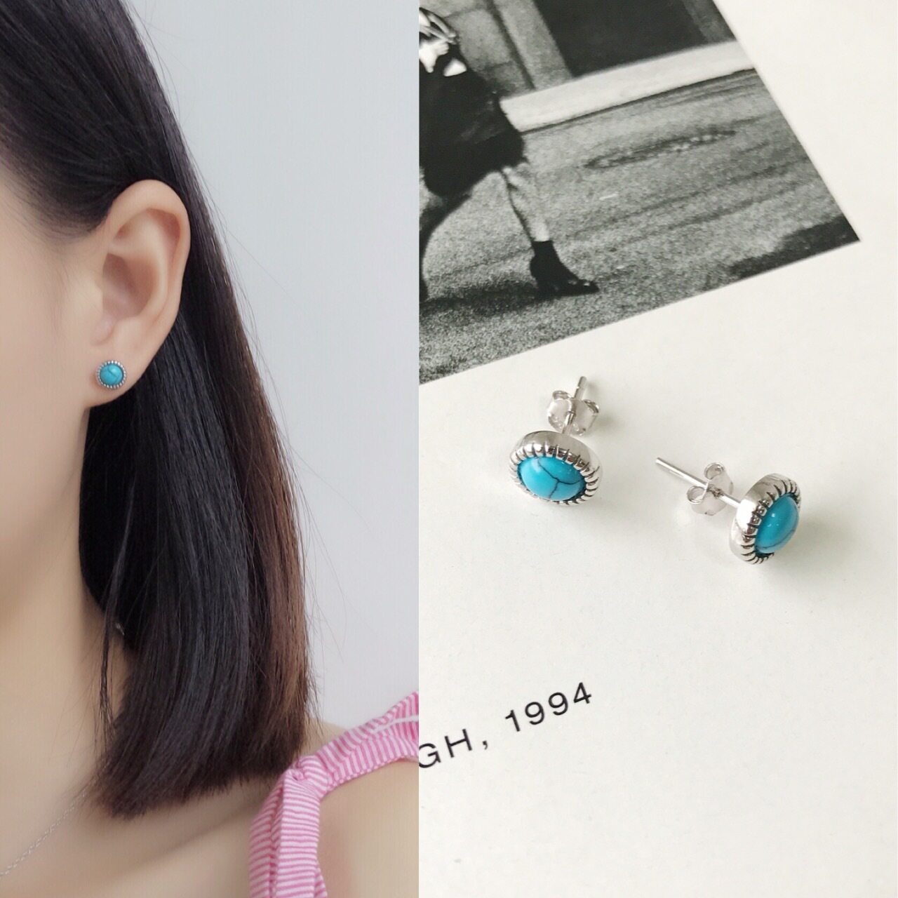 法国cherry kittys925银mini潮流时尚精美个性简约蓝松绿松耳钉