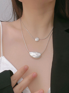 法国CoopKoop高级感不规则银白色磨砂石头蛇骨链双层叠戴项链