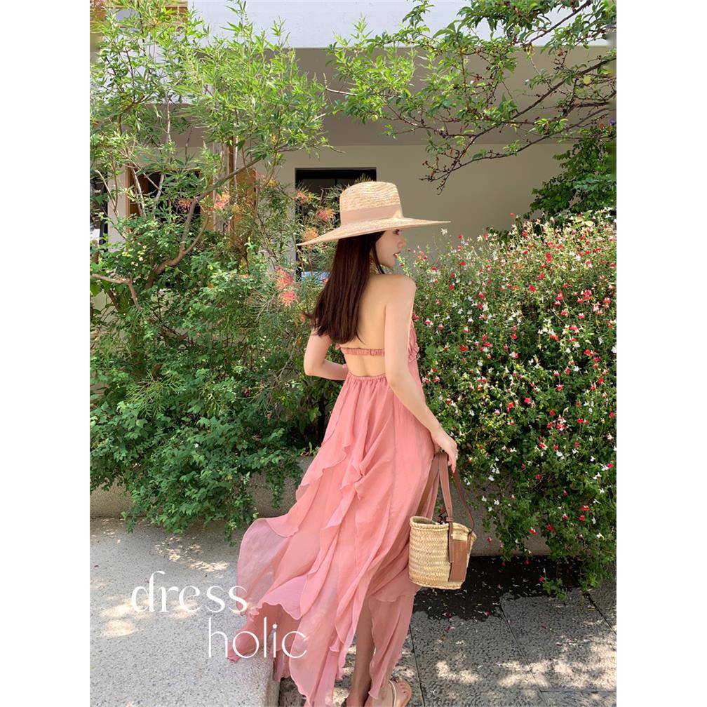 dressholic 粉色烫金度假风吊带连衣裙 海边拍照精致仙女沙滩长裙