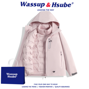 WASSUP美式 连帽冲锋羽绒服男潮牌户外三合一情侣运动外套休闲夹克