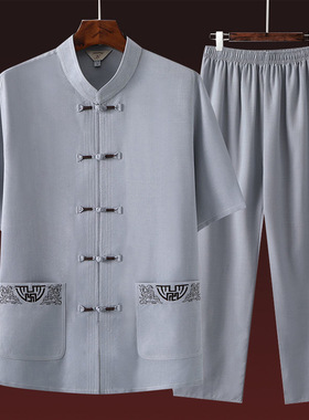 唐装男棉麻短袖套装夏装中老年爷爷汉服爸爸中国风男装老年人衣服