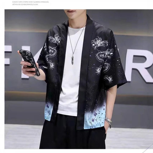 中国风复古情侣开衫和服男女宽松浮世绘七分袖仙鹤道袍衬衫