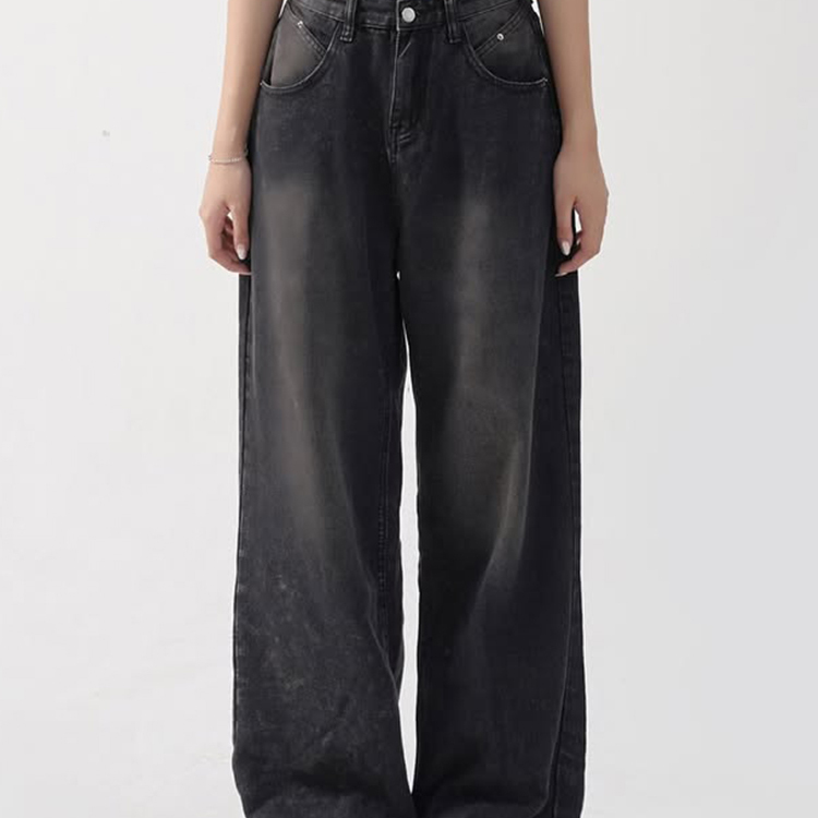 美式黑灰色复古百搭阔腿裤