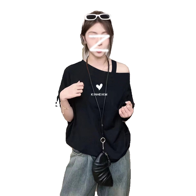 纯欲一字斜露肩黑色短袖T恤女夏季宽松显瘦高级感别致甜辣妹上衣