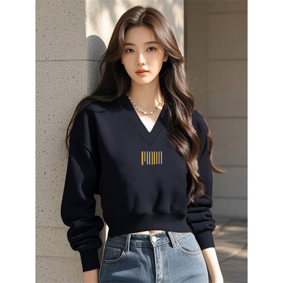 V领套头短款卫衣女加绒加厚长袖黑色上衣高腰显瘦小个子春秋薄款