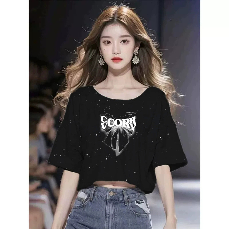 落肩大领口短袖T恤女2025新款夏季低领露锁骨短款洋气卡腰上衣
