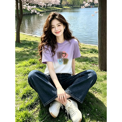 夏季款女装圆领短袖T恤时髦减龄紫白色渐变chic慵懒穿搭气质上衣