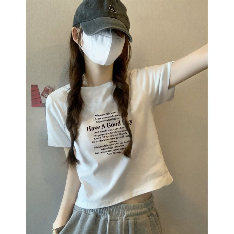 2025年新款纯棉白t短袖T恤女高腰露脐夏季辣妹白色短款内搭bm上衣